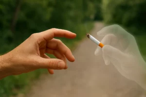 Lidská ruka sahá po cigaretě v průsvitné ruce přízraku. V pozadí rozmazaná přírodní cesta.