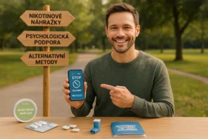 Muž ukazuje mobilní aplikaci pro odvykání kouření, na stole pomůcky jako náplasti, inhalátor a brožura