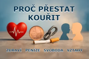 Zdravé srdce, desetikoruna jako symbol peněz, roztržený řetěz, rodič s dítětem – čtyři důvody, proč přestat kouřit.